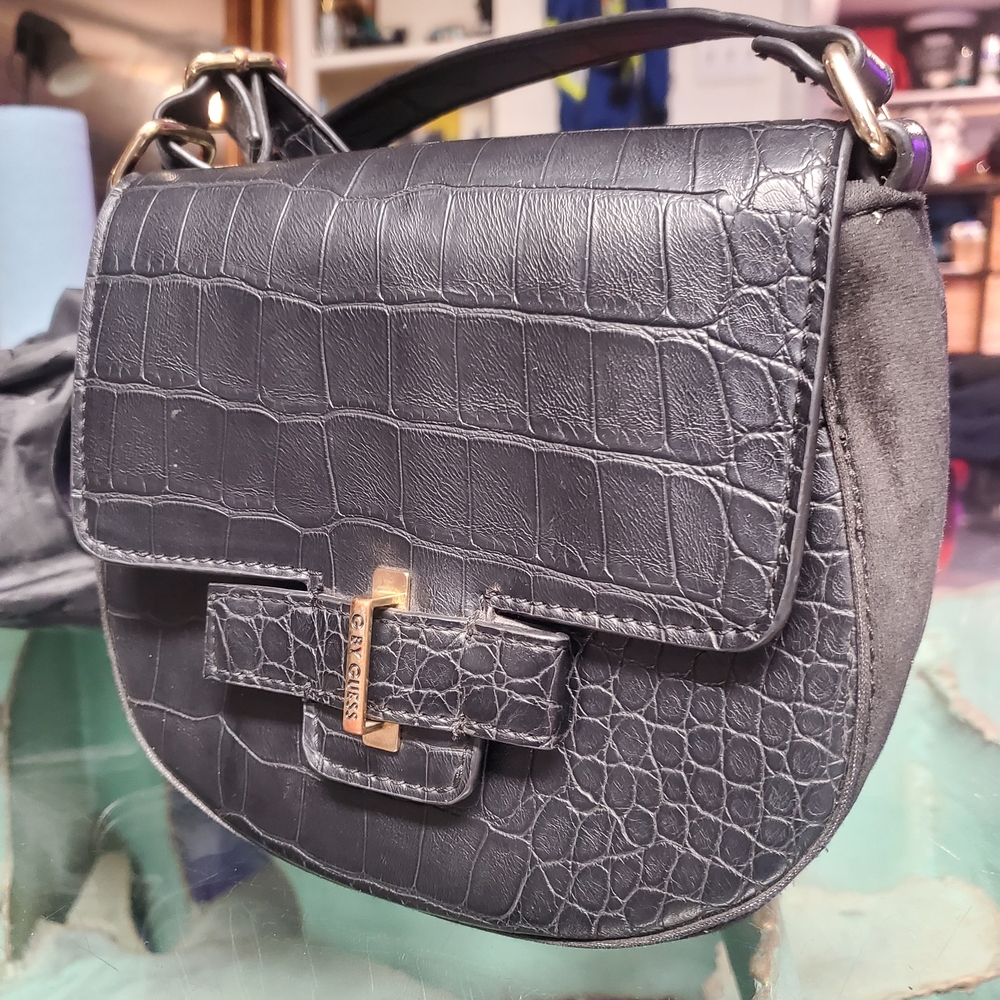 G by Guess Black Croc-Embossed Saddle Shoulder Bag with Gold Hardware